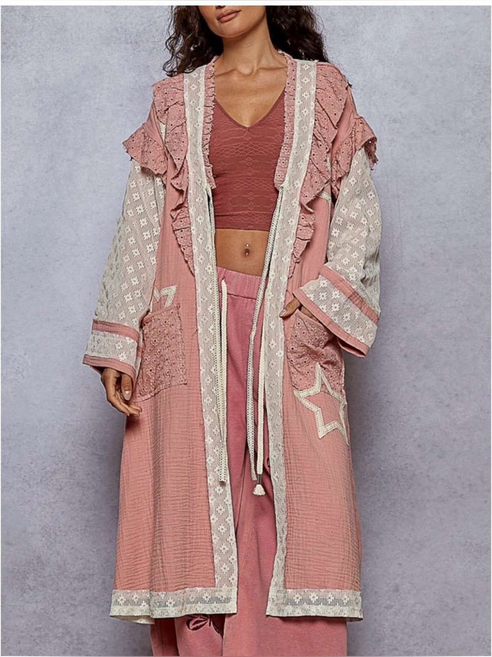 POL Bohemian Dusty Rose Star Patch Kimono Duster